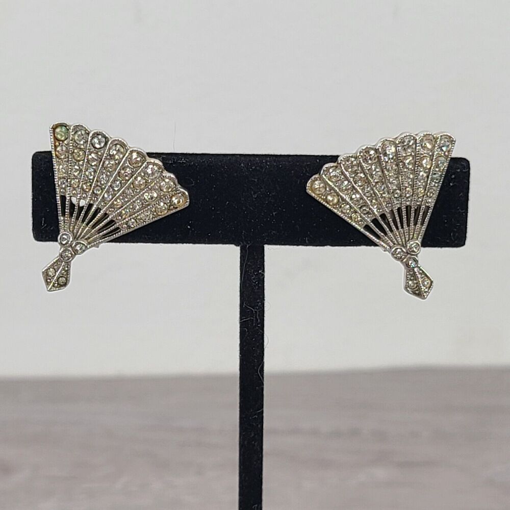 Signed Ora Clear Round Rhinestone Silver Tone Clip on Fan Earrings